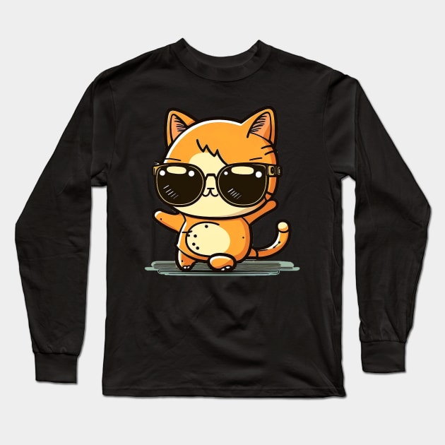 Cute ginger cat wearing sunglasses Long Sleeve T-Shirt by ramith-concept